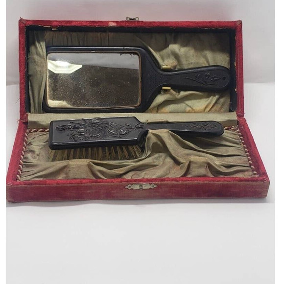 Boudoir Hair Brush/Mirror - Vanity Combo Set - Original Red Velvet Box